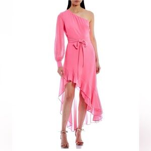 Belle Badgley Mischka One Shoulder Ruffle Pink Dress Size 2